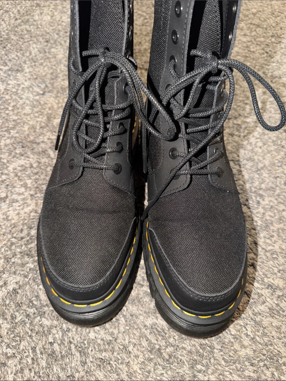 Dr. Martens Black Canvas Lace-Up Combat Boots with Yellow Stitching